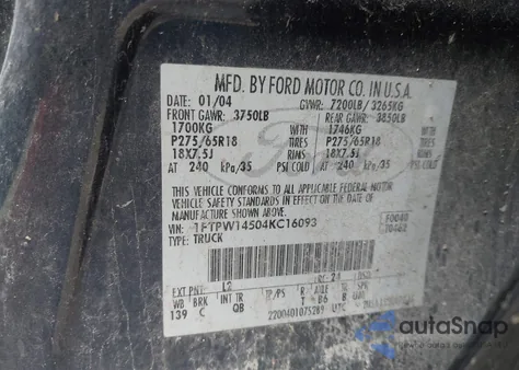 2004 Ford F-150 Fx4/Lariat/Xlt z USA, uszkodzony, nr VIN 1FTPW14504KC16093